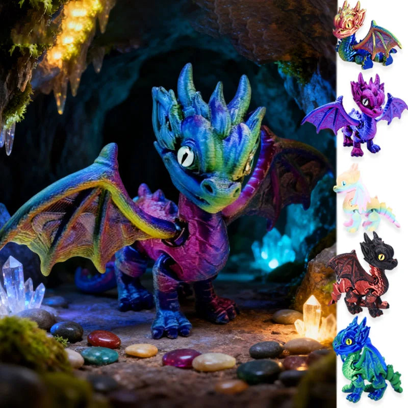 A vibrant blue dragon figurine with purple accents is displayed in a dark, mossy cave setting.