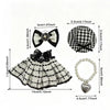 A plaid dress and accessory set featuring a black and white checkered skirt, bow, and pearl necklace.