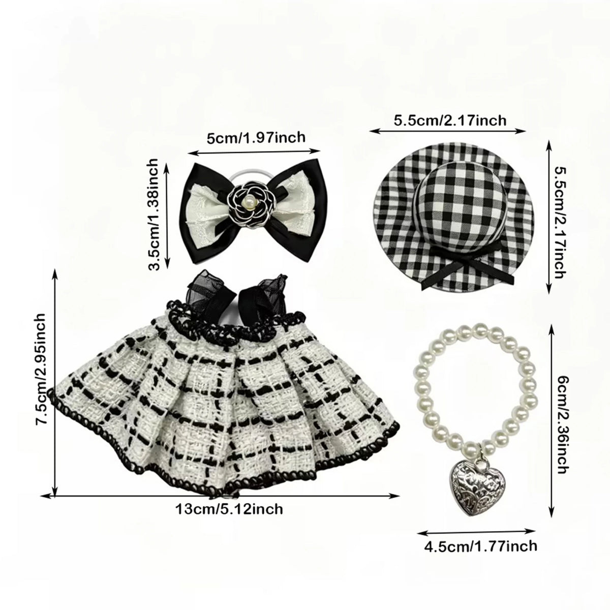 A plaid dress and accessory set featuring a black and white checkered skirt, bow, and pearl necklace.