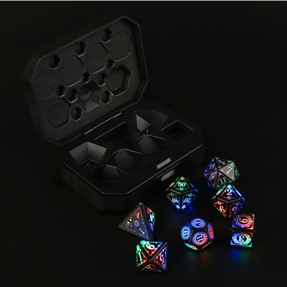 A black box containing a set of rechargeable LED glow dice for tabletop gaming.