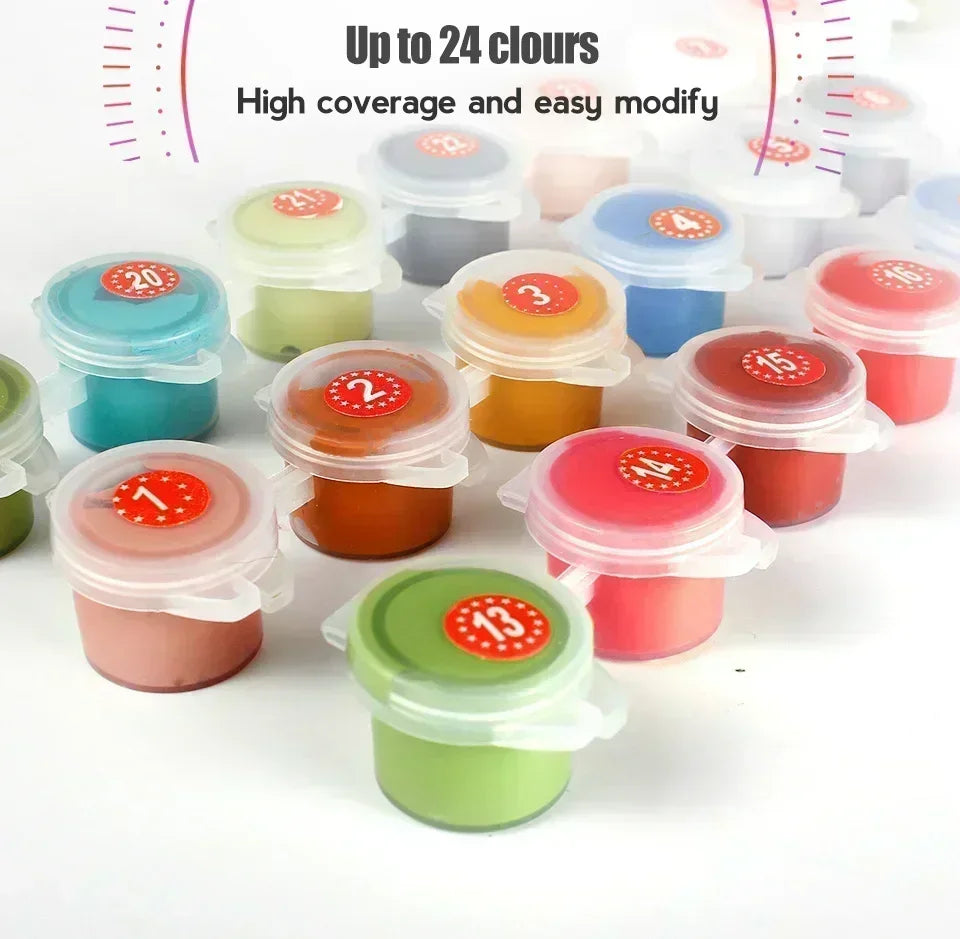 A collection of up to 24 clours of paint pots in various colors and sizes for a DIY paint by numbers kit.