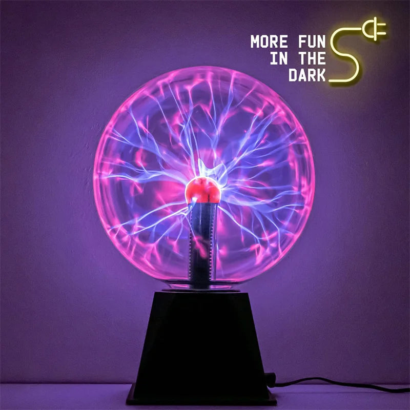 A glowing purple plasma ball lamp with bright blue electrical arcs on a dark background.