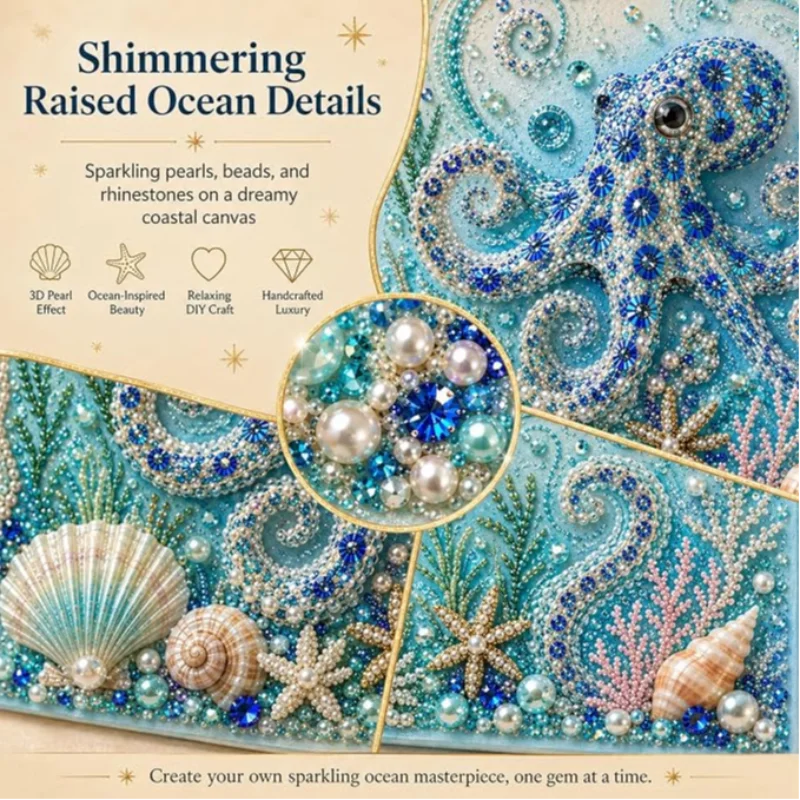 A DIY diamond art kit featuring shimmering blue and teal ocean details with starfish, shells, and marine life designs.
