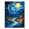 A painting kit depicting a vibrant night sky with swirling stars and a landscape featuring illuminated houses and a winding r