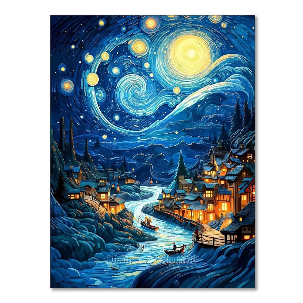 A painting kit depicting a vibrant night sky with swirling stars and a landscape featuring illuminated houses and a winding r