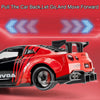 A red and black diecast sports car model is shown with light effects, promoting the phrase Pull The Car Back Let Go And Move 
