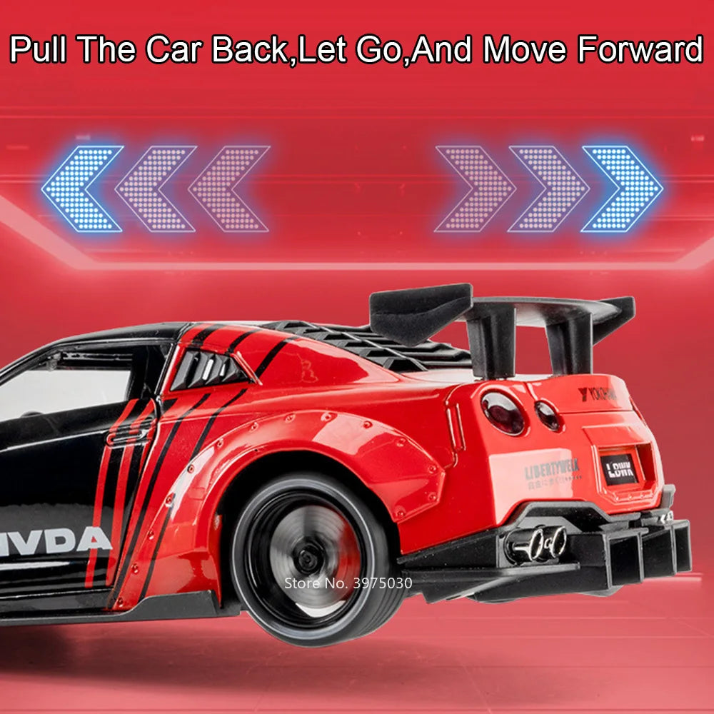 A red and black diecast sports car model is shown with light effects, promoting the phrase Pull The Car Back Let Go And Move 