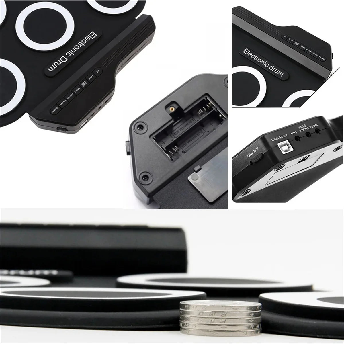 Foldable Silicone Electronic Drum Pad with Drumsticks and Sustain Pedals