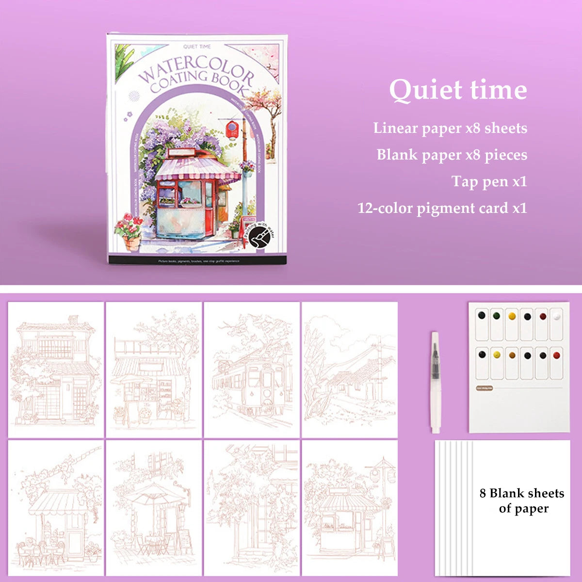 A watercolor painting kit featuring a book with sheets, blank paper, and a tap pen for coloring.