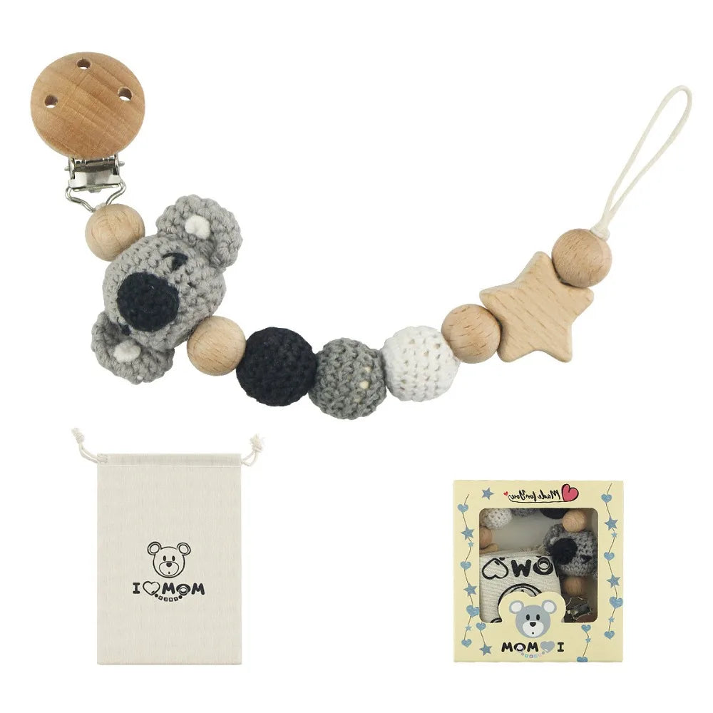 Wooden Baby Pacifier Clip with Crochet Charms