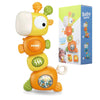 An orange musical giraffe teether and rattle toy with a white head and green accents, shown next to its packaging box.