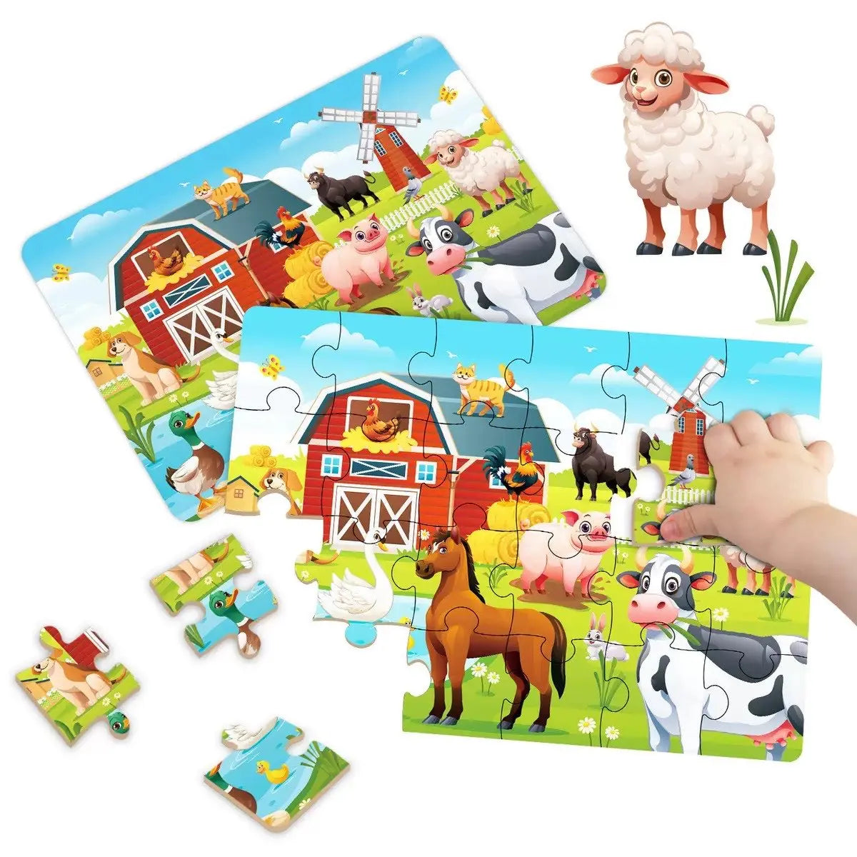 A set of colorful animal cartoon jigsaw puzzles featuring farm animals like sheep, pigs, and cows.