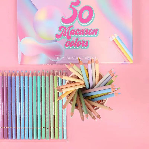 50 fargeblyanter i macaronfarger ved siden av en eske med tittelen 50 Macaron-farger