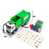 A green 1:32 scale garbage collection truck model car with accessories displayed on a white background.