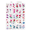 A sheet of 30 temporary tattoos featuring various floral and nature designs in pink, red, purple, and green.