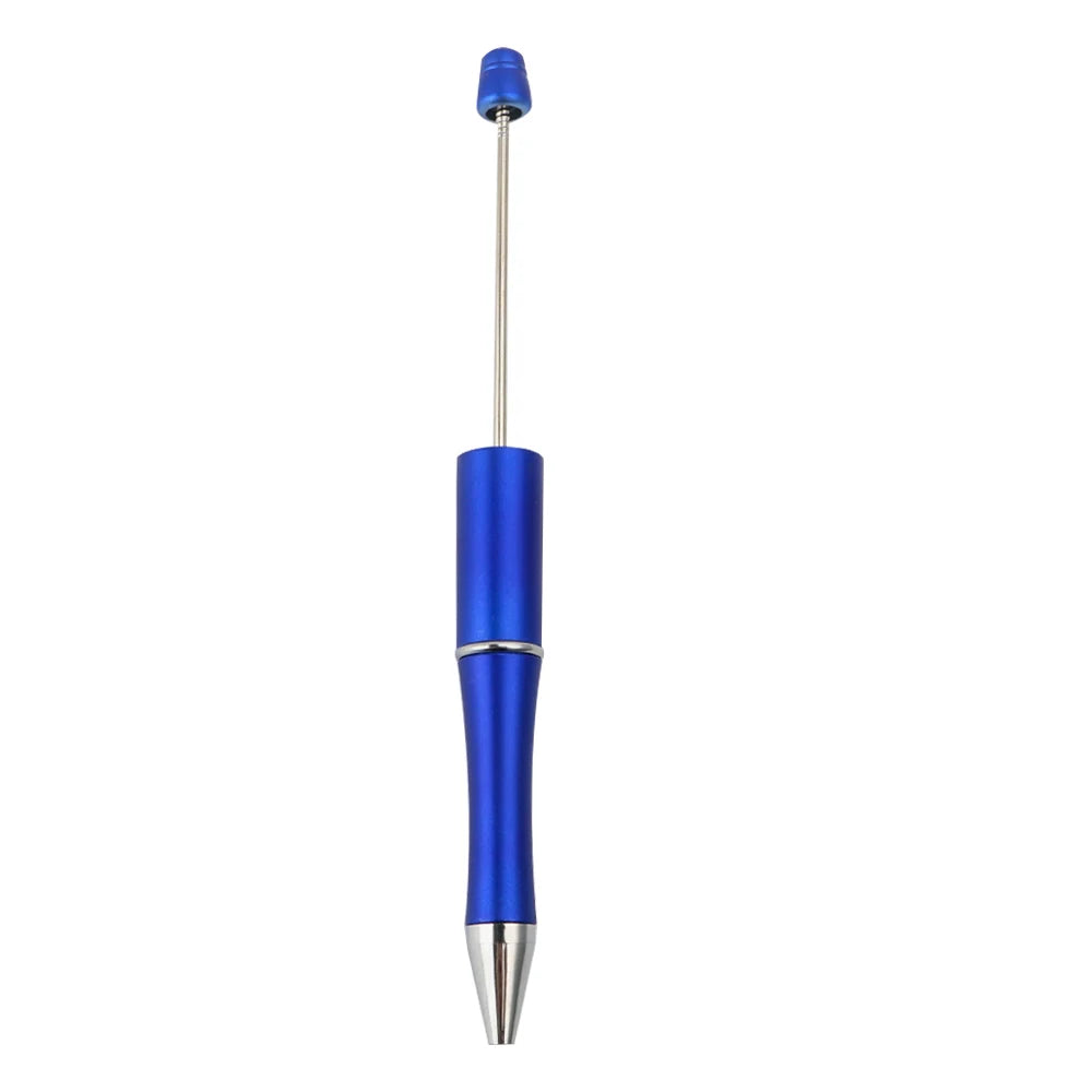 A silver and blue beadable ballpoint pen with a black ink tip.