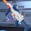 A white and blue electric water blaster toy gun with accessories like a silencer, front sight, red dot sight, and storage tan