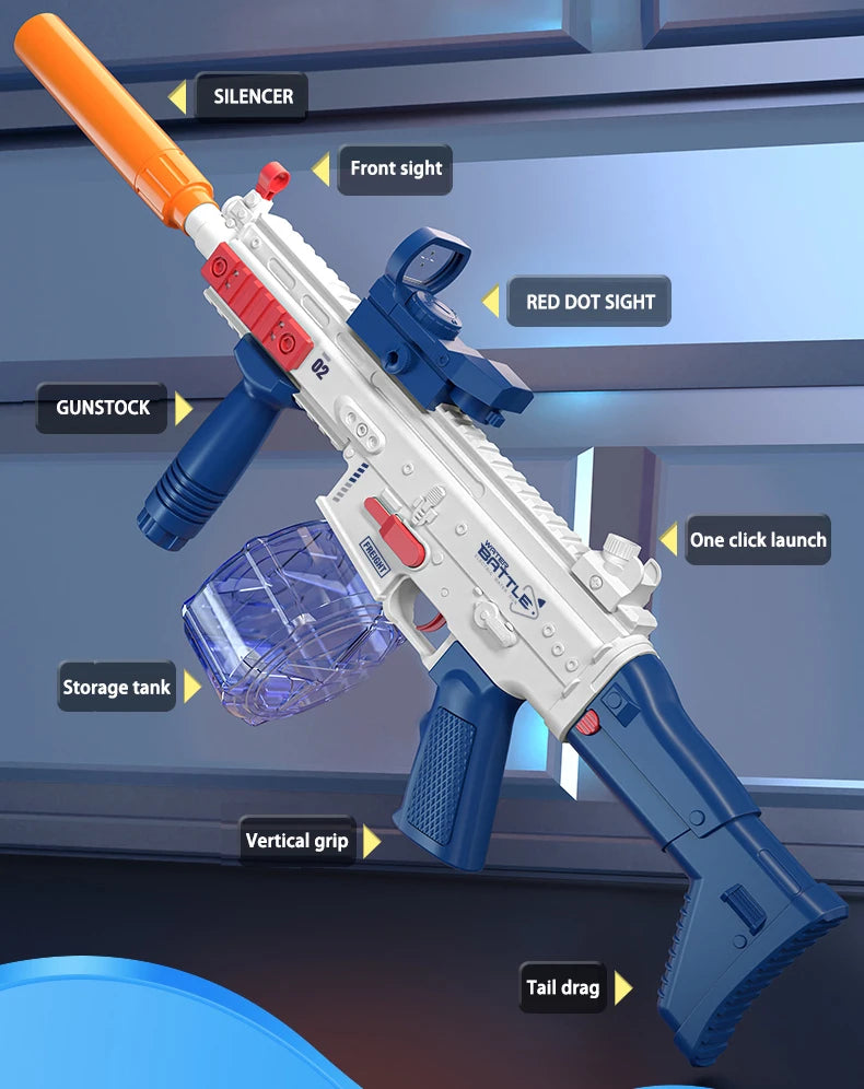 A white and blue electric water blaster toy gun with accessories like a silencer, front sight, red dot sight, and storage tan