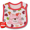 A pink and white cartoon cat baby feeding bib with a red trim and waterproof backing.