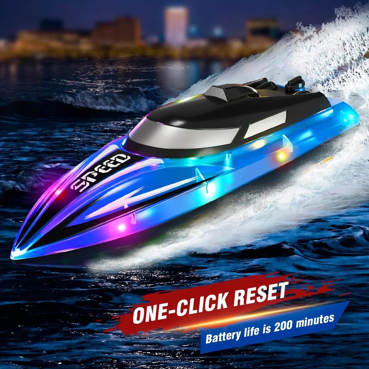 A blue and silver RC speedboat is speeding across dark water, creating a white spray, with a red text overlay promoting one-c