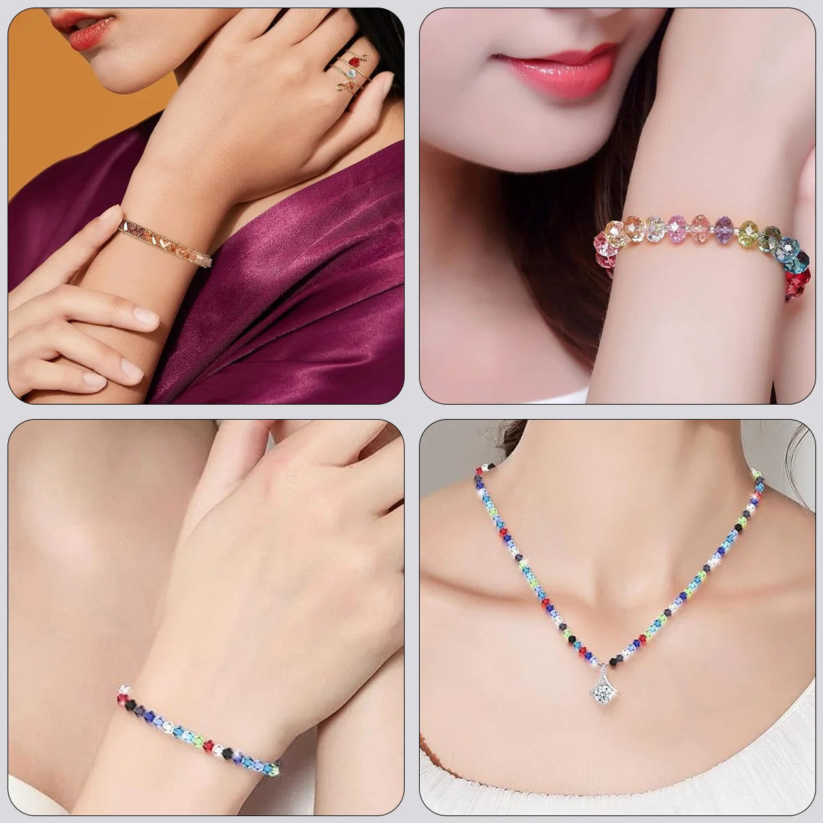 Close-up shots of various bracelets and necklaces made with 3mm crystal triangle beads for jewelry making