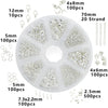 A circular organizer case for jewelry making supplies containing various sizes of silver-colored findings and tools.