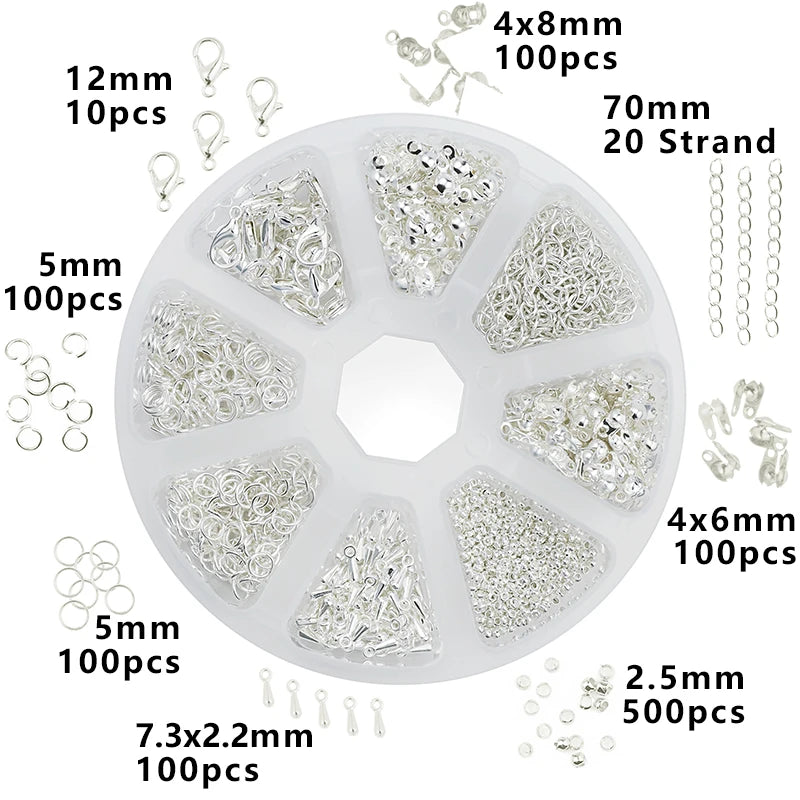 A circular organizer case for jewelry making supplies containing various sizes of silver-colored findings and tools.