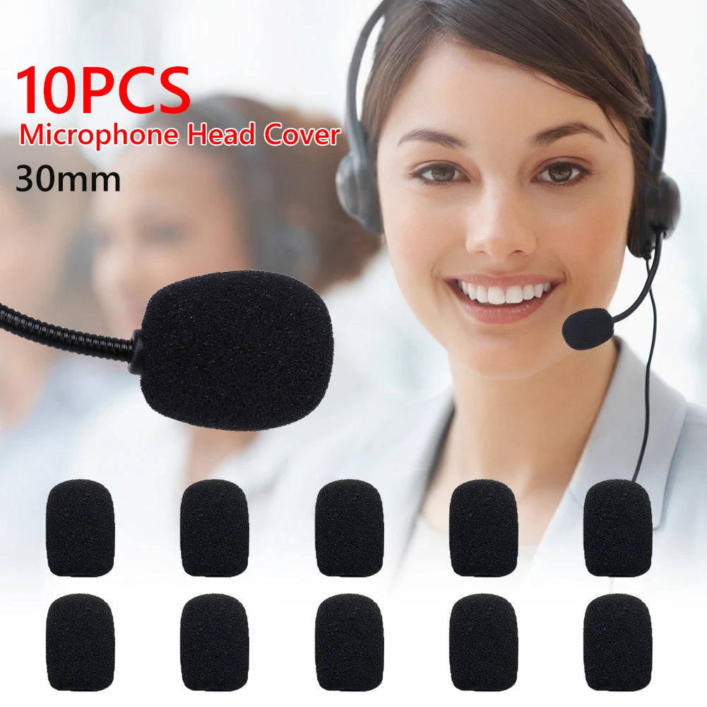 A set of ten black foam microphone head covers for replacement, shown next to a smiling woman.