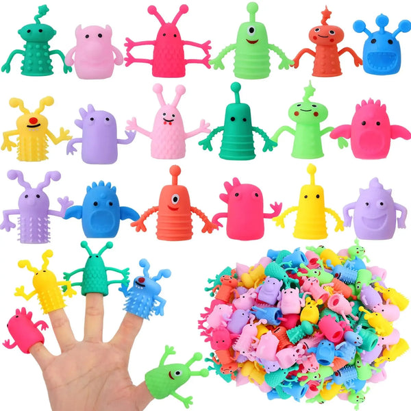 A variety of colorful silicone fidget finger toys in various shapes and colors are displayed on a hand.