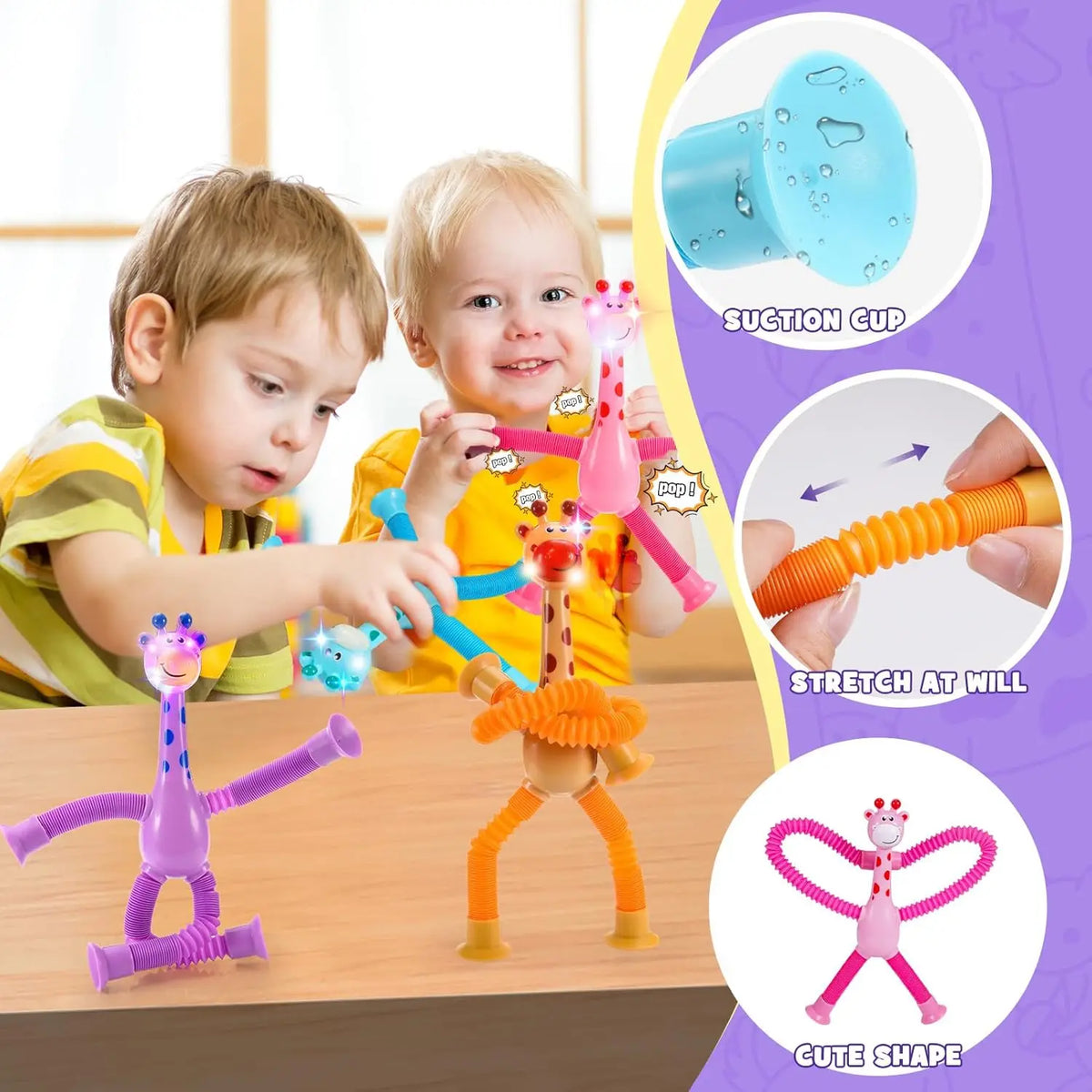 LED Giraffe Pop Tube Fidget Toys with Suction Cups (Set of 4)