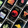 A close-up of a deck of oracle cards featuring various elements like Water, Fire, Earth, Air, and concepts such as Moon, Bloo