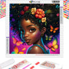 A vibrant diamond painting kit featuring a portrait of an African woman with intricate floral and butterfly details.