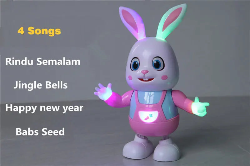 A pink and blue musical robot rabbit toy with long ears, standing on a surface.