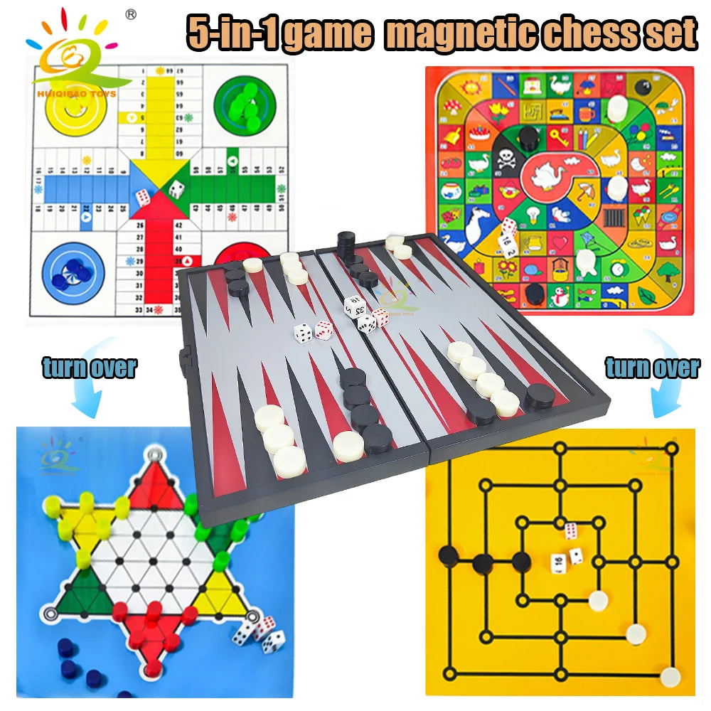 A 5-in-1 magnetic chess set featuring a double-sided board, including a chessboard and a maze game.