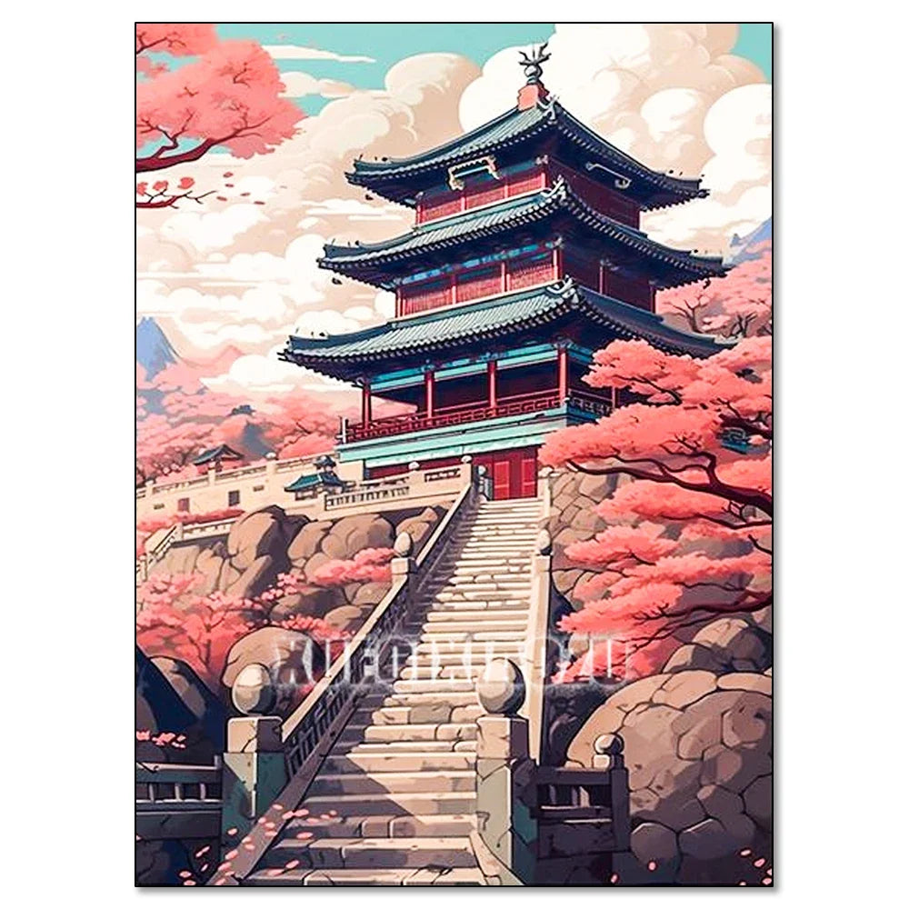 Cherry Blossom Tower Diamond Painting Kit – DIY 5D Wall Art for Adults