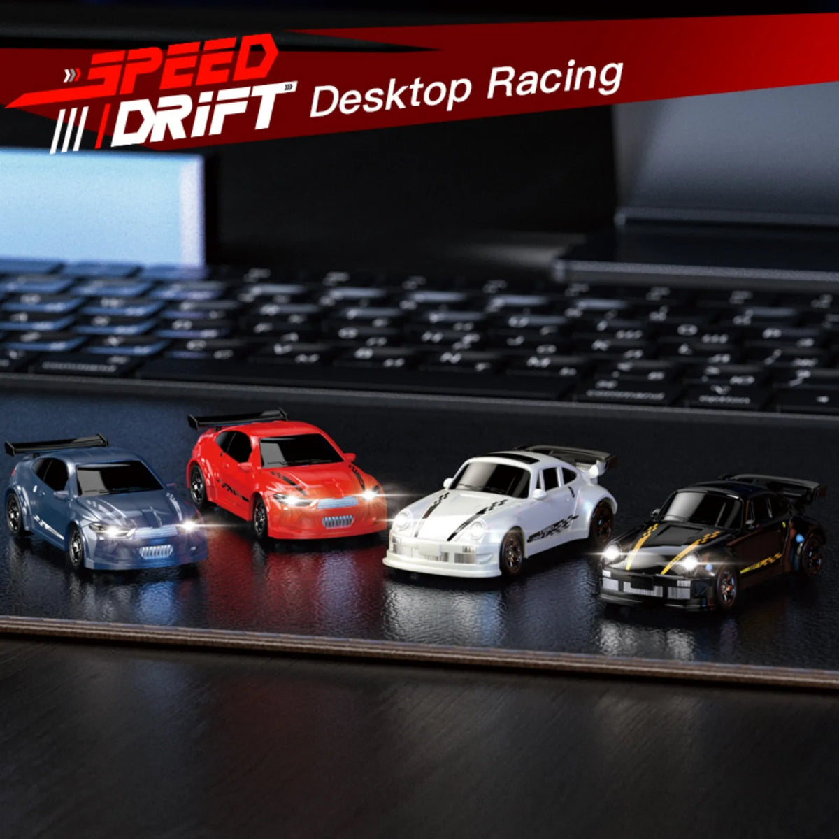 A collection of four miniature 1:64 scale remote control drift cars displayed on a dark surface.