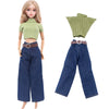 Fashion doll outfit set featuring a light green ribbed top and dark blue pants with a brown belt