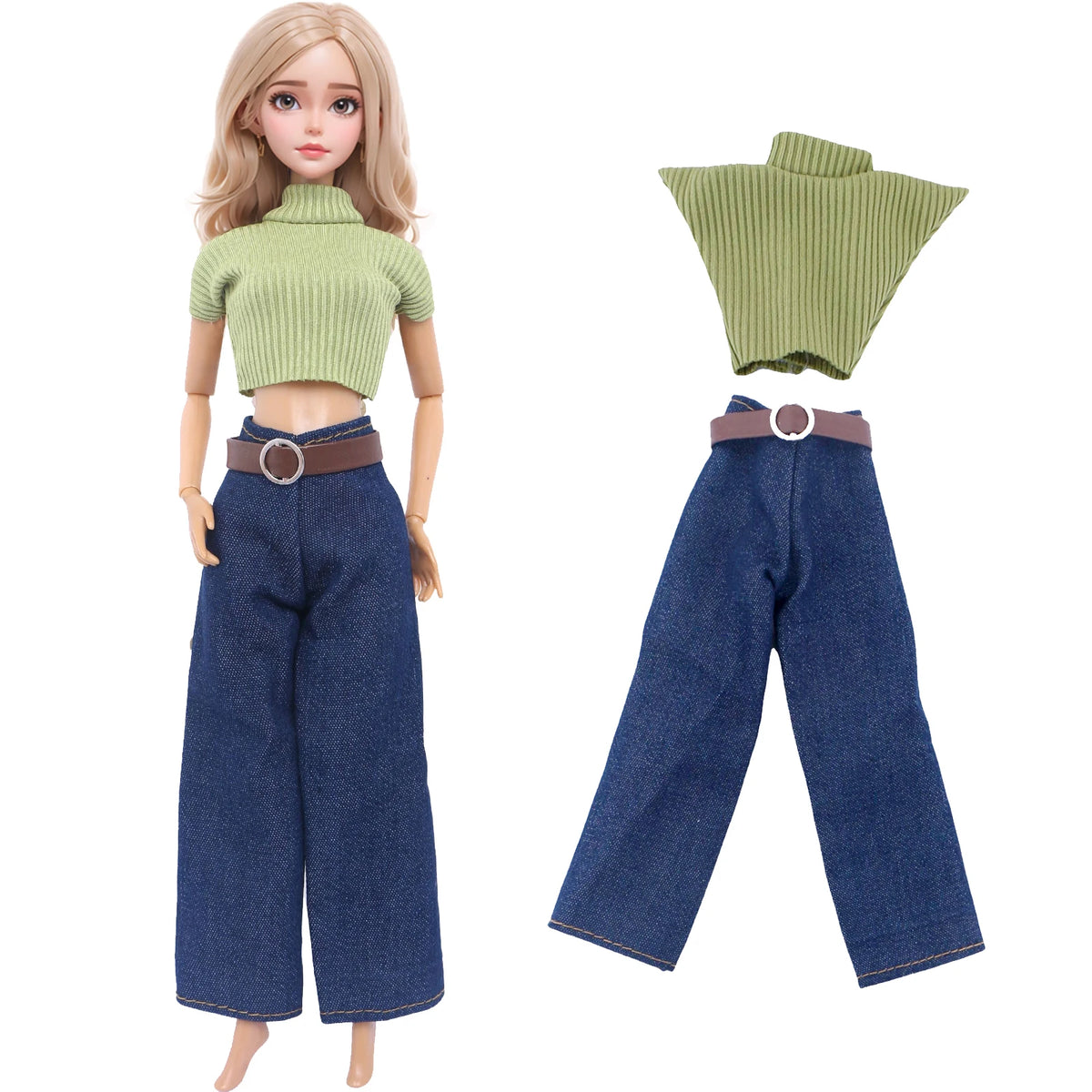Fashion doll outfit set featuring a light green ribbed top and dark blue pants with a brown belt