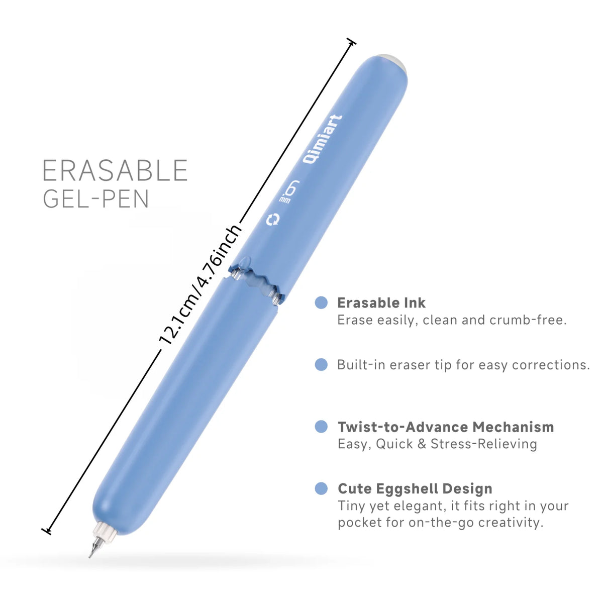 A light blue erasable gel pen with a twist-to-advance mechanism and cute eggshell design.