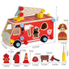 A red wooden toy vehicle set featuring tools like a wrench and screwdriver, along with building pieces.