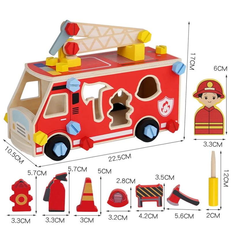 A red wooden toy vehicle set featuring tools like a wrench and screwdriver, along with building pieces.