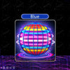 A vibrant blue sphere with concentric rings of light and color, set against a dark background.