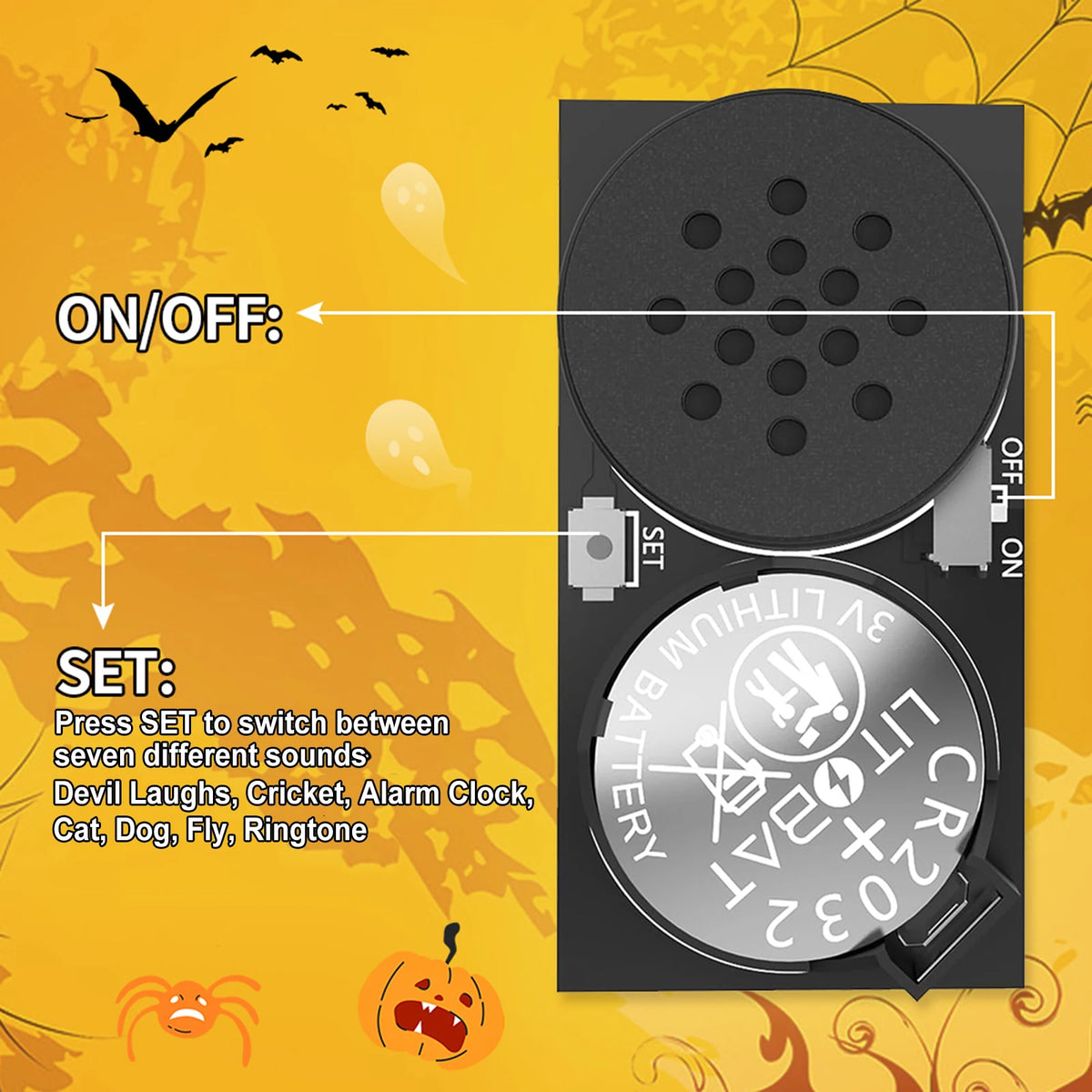 A black electronic device used as a mini prank noise maker with buttons for seven different sound effects.
