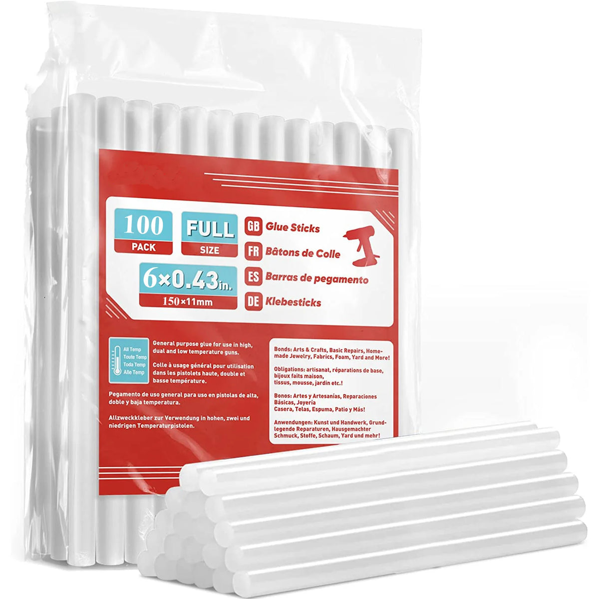 A package of 100 full-size clear hot glue sticks for crafts and repairs.
