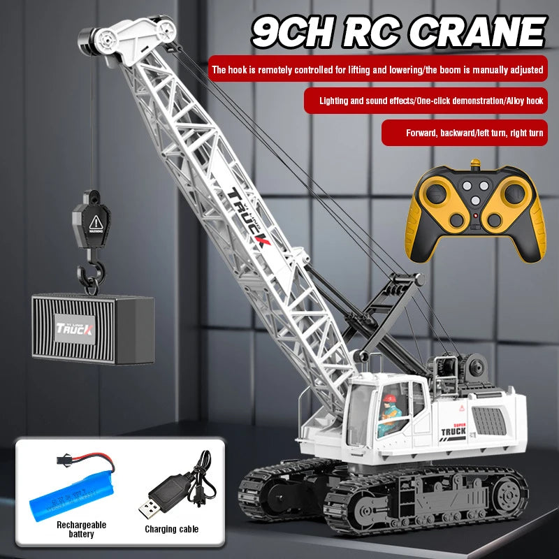 A remote control truck crane with alloy construction is shown, featuring a hook and battery components.