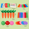 A set of wooden Montessori toys including stacking boards, colored rods, and round balls for toddlers.