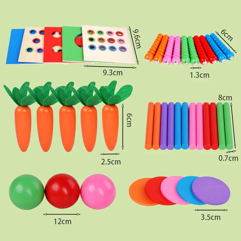 A set of wooden Montessori toys including stacking boards, colored rods, and round balls for toddlers.