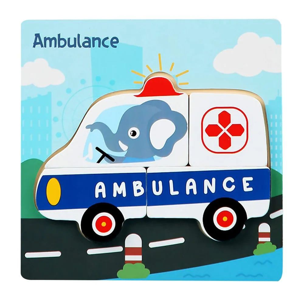 A wooden puzzle of an ambulance with an elephant design on the side.