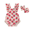 Pink strawberry print baby girls summer romper set with matching bow