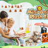 A woman is showing a child mini lion and tiger plush toys to them in a bright indoor setting.